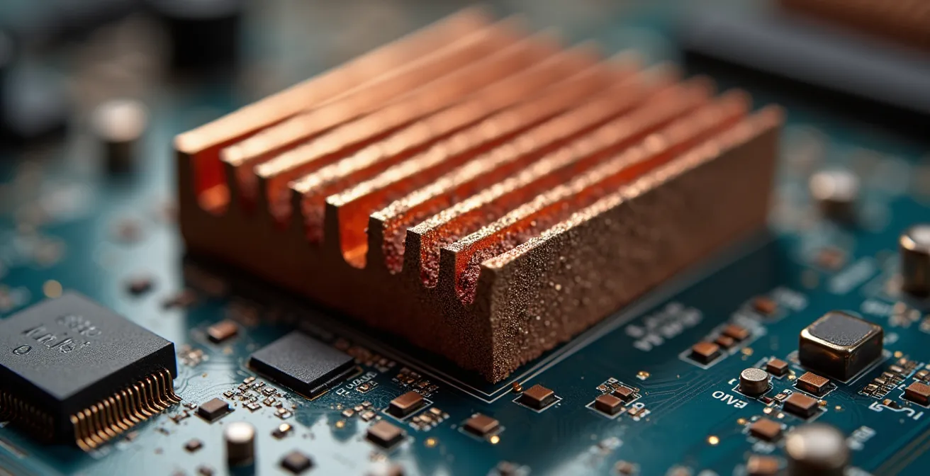 Gros plan macro sur circuits électroniques d'un serveur montrant l'accumulation de poussière